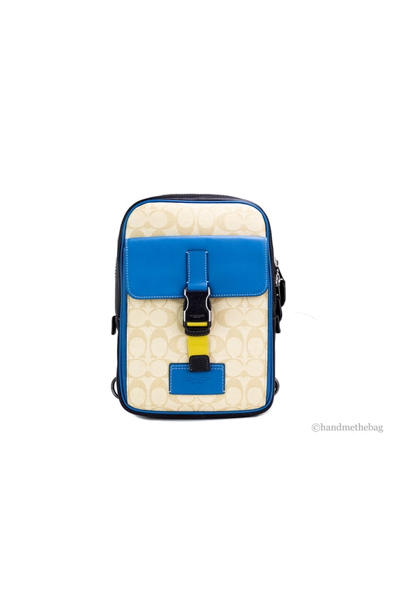 Men's Track Pack, Fashion Daypack, Shoulder Bag, Backpack, Signature Canvas, Light Khaki/Blue Jay