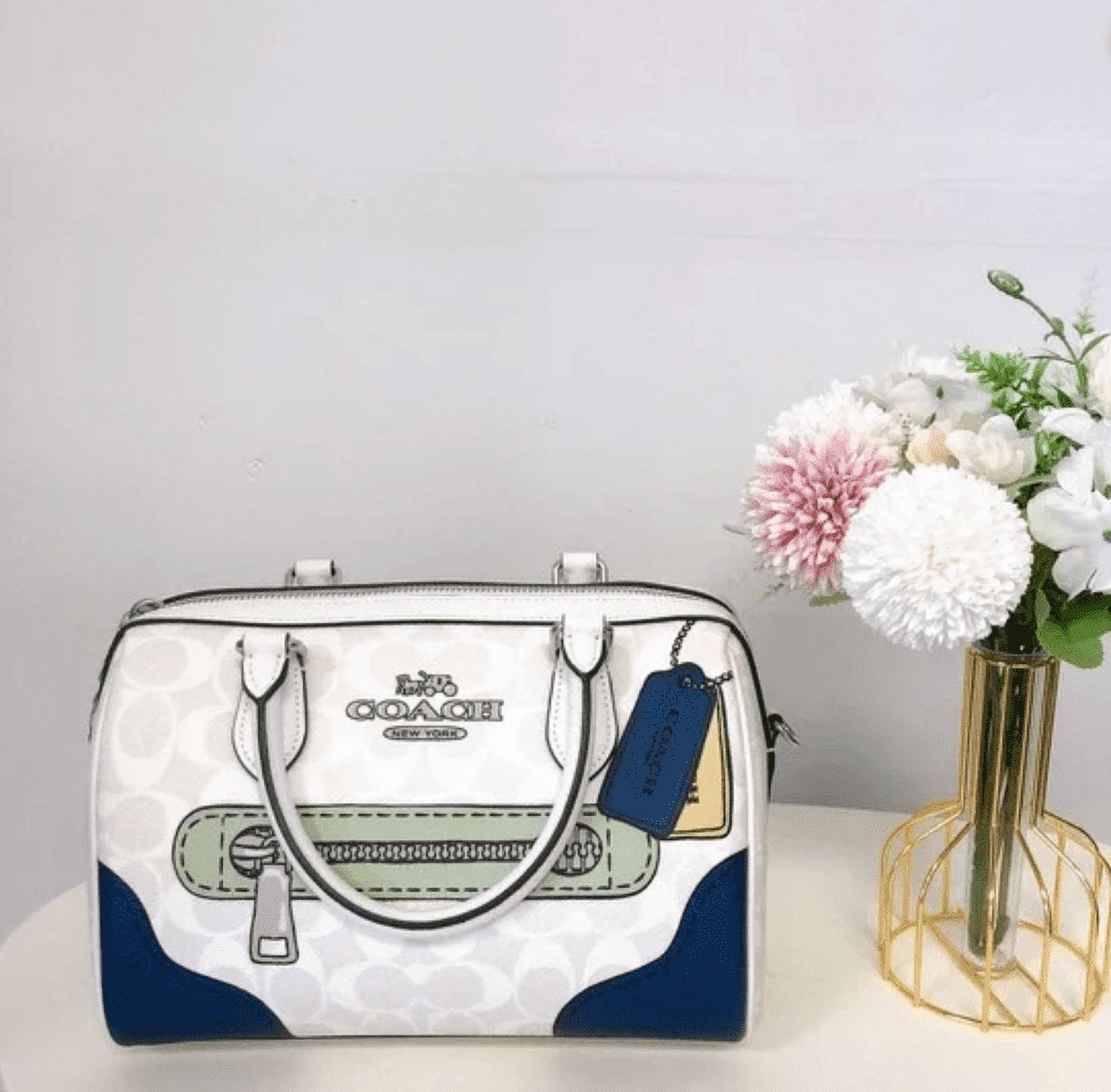 ショルダーバッグ・ポシェット Coach Rowan Satchel Bag Rose Print CY681 Coach CY681 Rowan Satchel Bag Rose Print Coated Canvas Blush