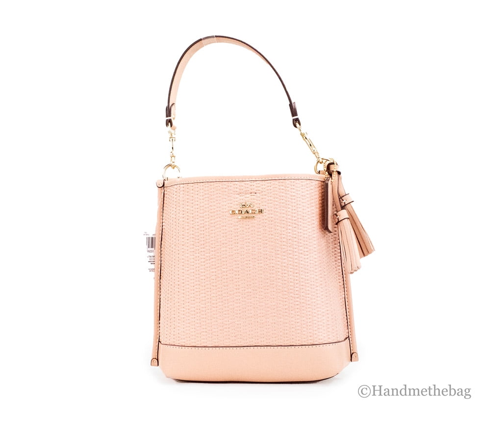 Coach CH208 Mollie 22 Shell Pink Straw Leather Bucket Crossbody Bag Purse