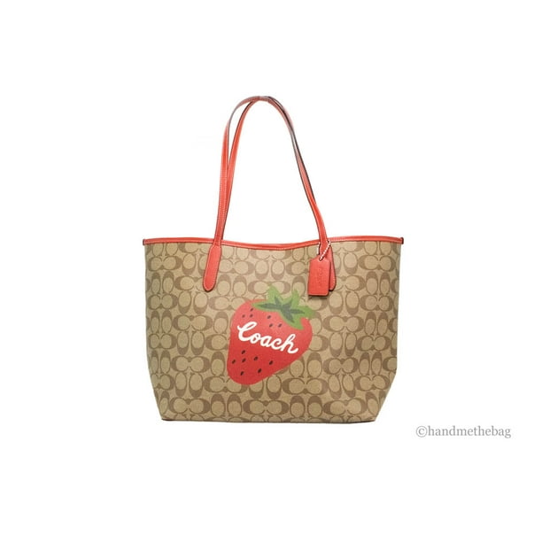 Coach (CH329) Khaki Red Wild Strawberry Coated Canvas City Tote