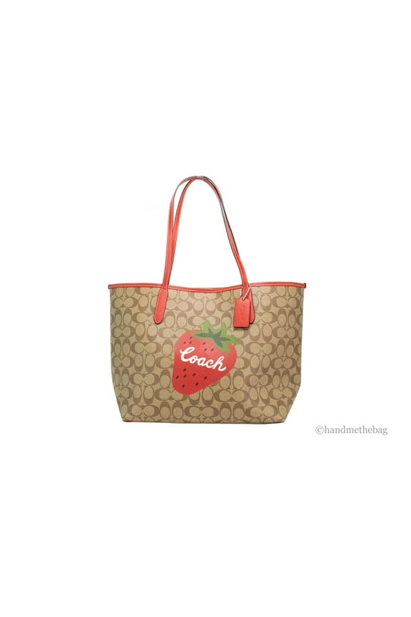 (CH329) Khaki Red Wild Strawberry Coated Canvas City Tote Shoulder Handbag