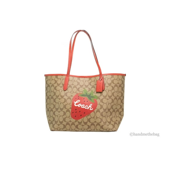 Coach (CH329) Khaki Red Wild Strawberry Coated Canvas City Tote Shoulder Handbag