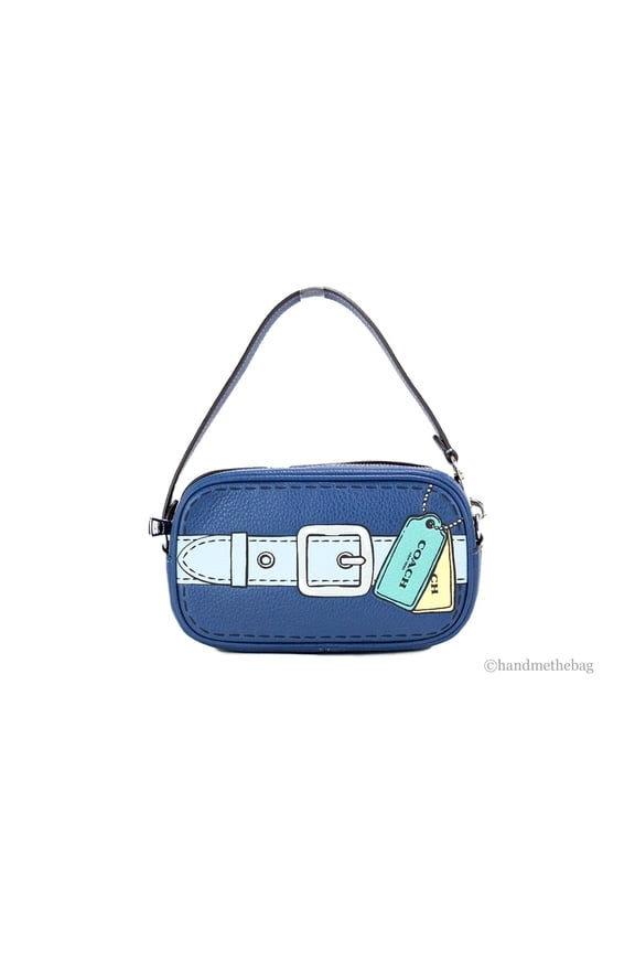 (CH363) Jamie Mini Trompe L'oeil Print Blue Pebbled Leather Wristlet Bag