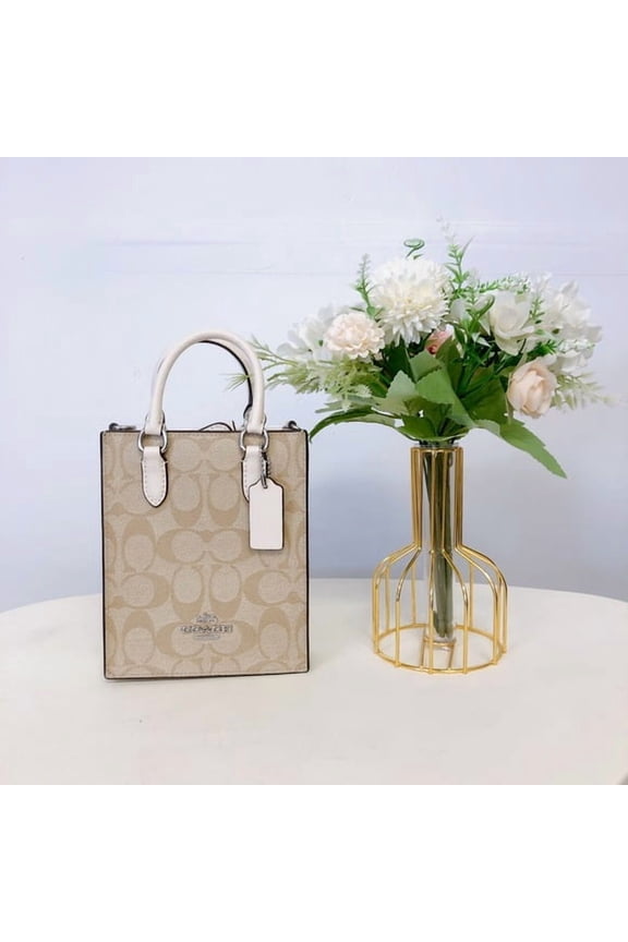 CJ494 North South Mini Tote In Signature Canvas IN LIGHT KHAKI CHALK