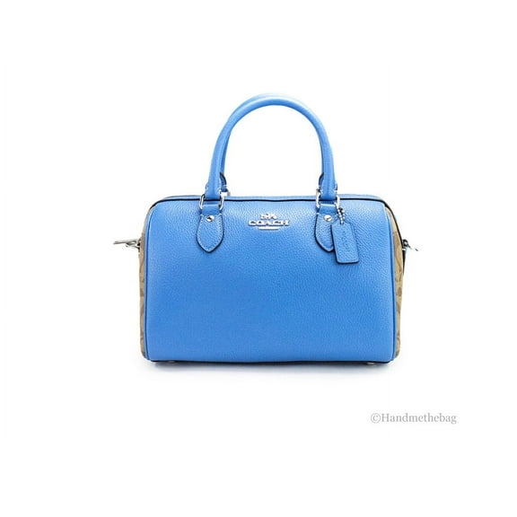 Coach (CJ592) Rowan Mixed Racer Blue Canvas Leather Colorblock Satchel Bag Purse