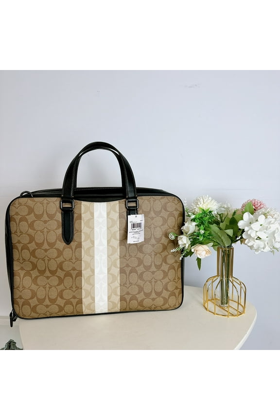 CQ036 Graham Slim Brief In Blocked Signature Canvas With Varsity Stripe IN KHAKI MULTI