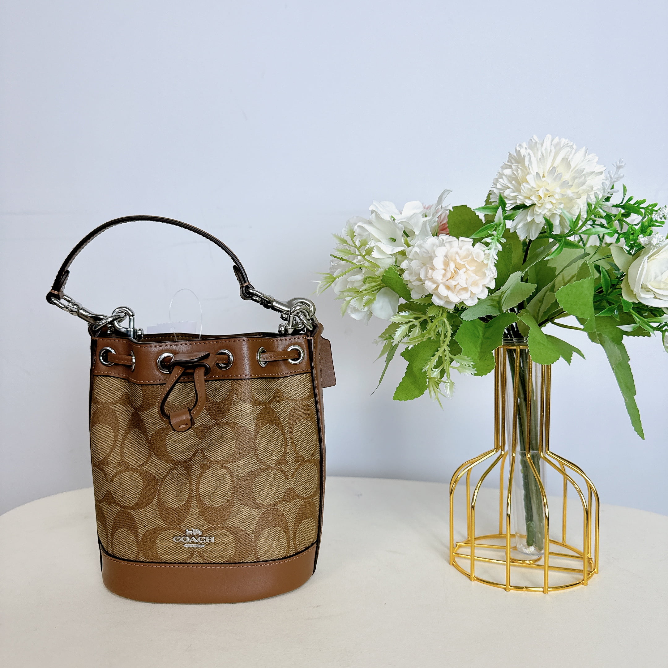 Coach CR145 Mini Bucket Bag In Signature Canvas IN Khaki Saddle