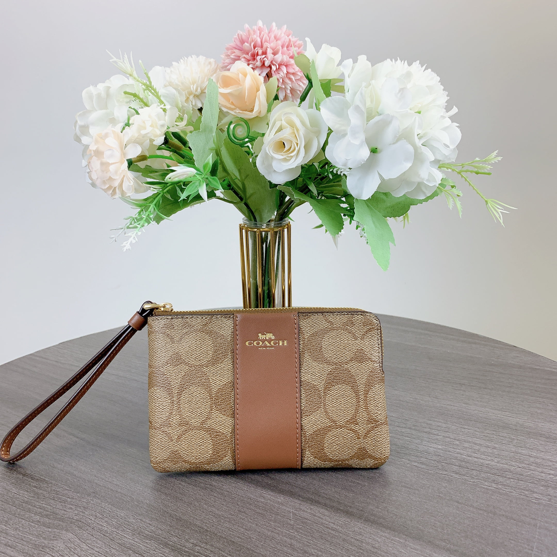 Coach CS602 Corner Zip Wristlet In Signature Canvas With Stripe IN Khaki Saddle 2