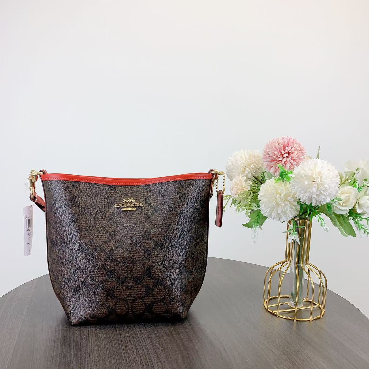 Coach CT800 City Bucket Bag In Signature Canvas IN WALNUT BOLD RED