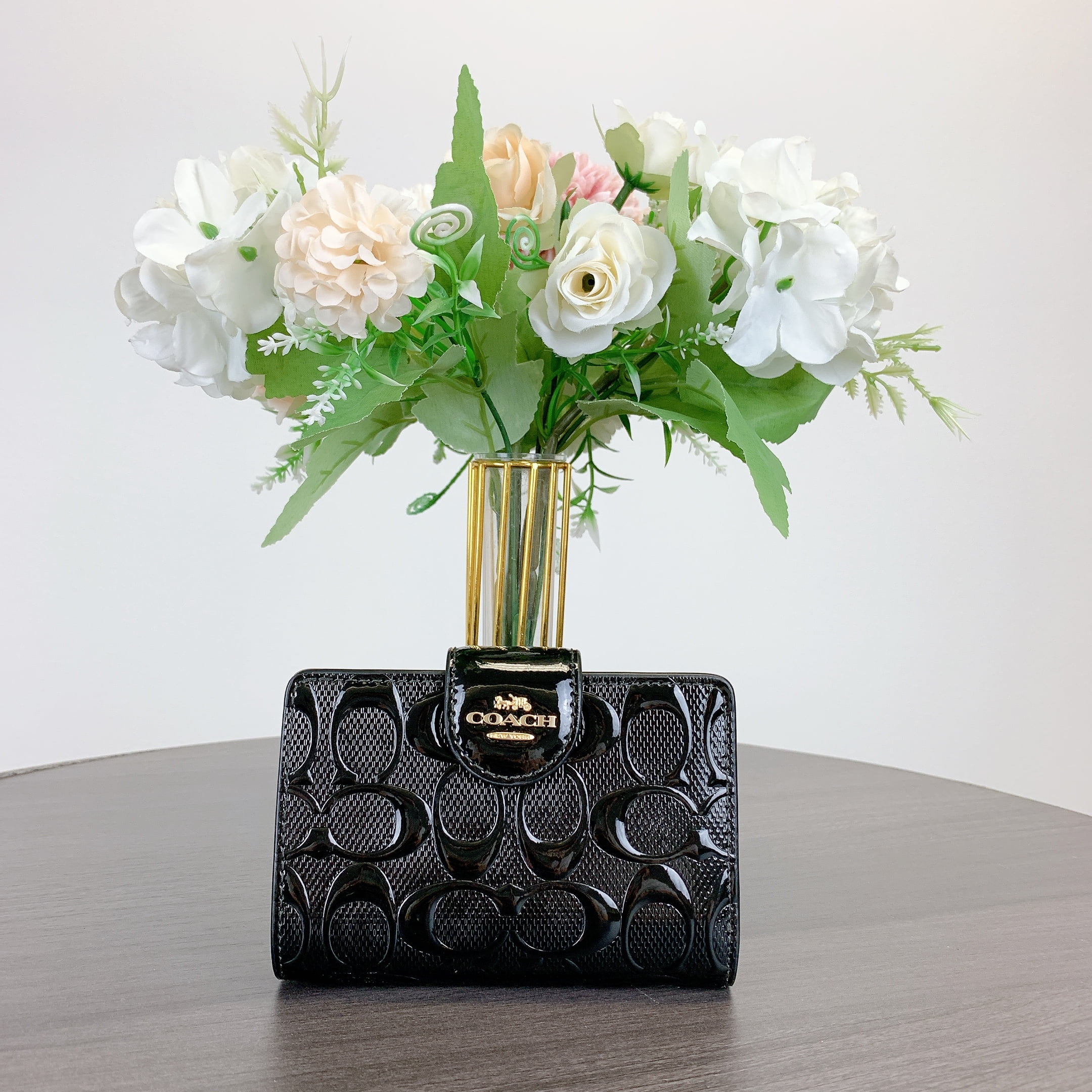 Coach CV414 Medium Corner Zip Wallet In Signature Leather IN BLACK