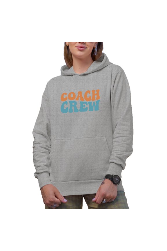 Coach Crew, Groovy Retro Wavy Text Merch Gift, Heather Grey Hooded Sweatshirt or Hoodie, Large