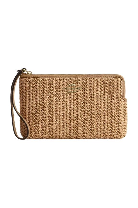 Large Corner Zip Wristlet Straw/Gold/Toast, Pebble Leather, Zip Closure & Wrist Strap