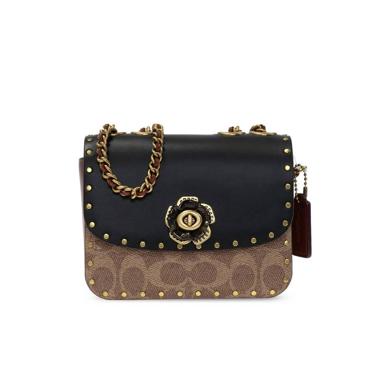 Coach Madison Shoulder Bag 16 In Signature Canvas With Rivets Tan Rust Black