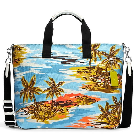 Coach Men's Canvas Top Zip Weekender Large Tote with Hawaiian Print (Blue Multi)