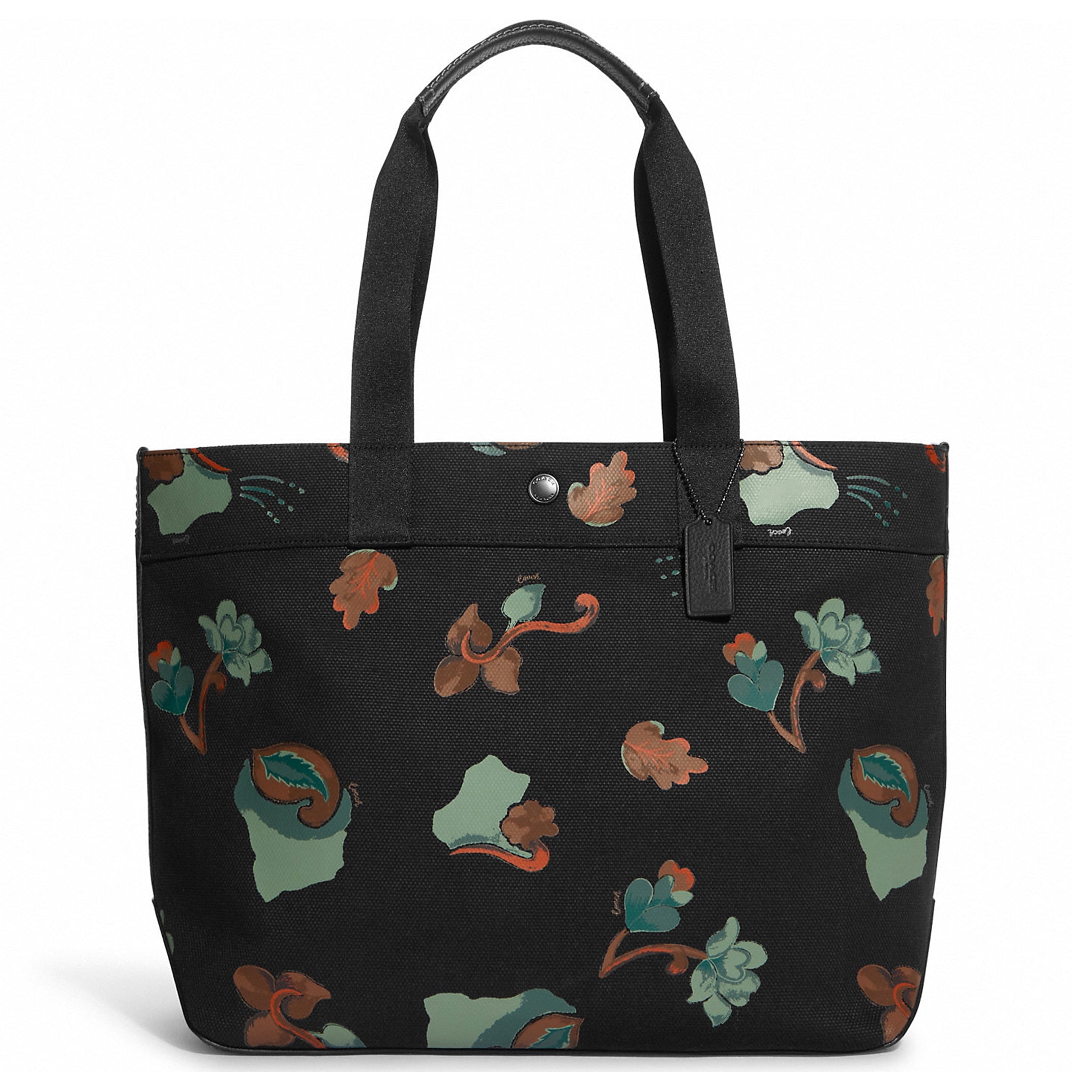 Coach Men's Large Snap Canvas Tote Handbag with Dreamy Leaves Print (Black Multi)
