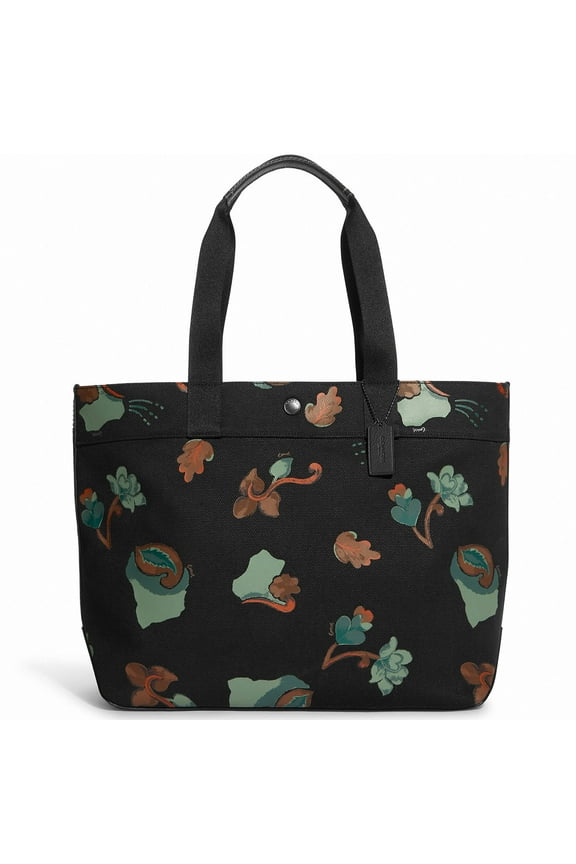 Men's Large Snap Canvas Tote Handbag with Dreamy Leaves Print (Black Multi)