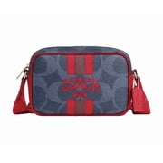 Coach Womens Mini Jamie Camera Crossbody Bag in Signature Canvas with Varsity Stripe Denim / Red
