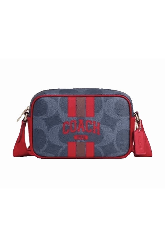 Women's Mini Jamie Camera Crossbody Bag in Signature Canvas with Varsity Stripe (Denim / Red)