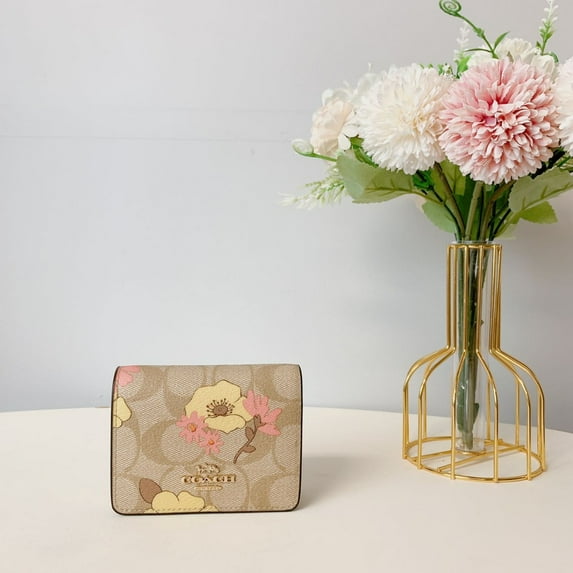 Coach Mini Wallet On A Chain In Signature Canvas With Floral Cluster Print (Light Khaki Multi)