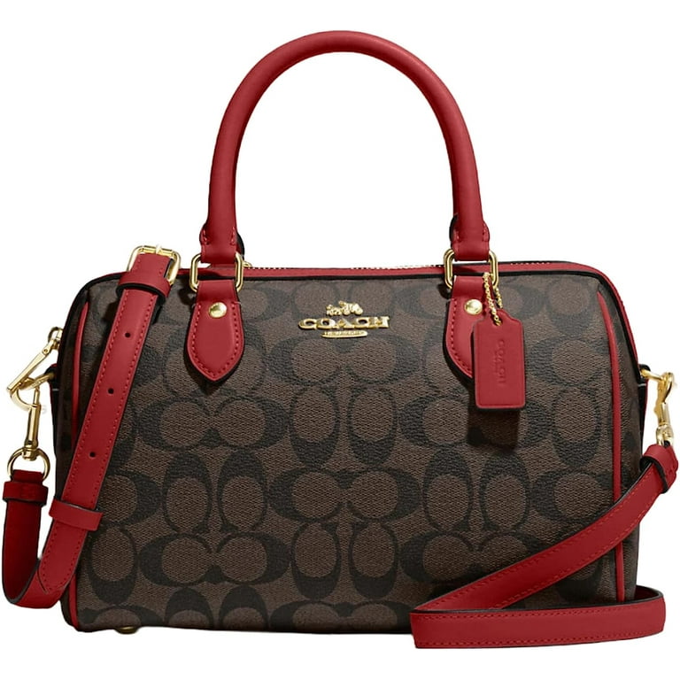 Coach Brown Leather Handbag, Rowan Satchel Purse in Signature