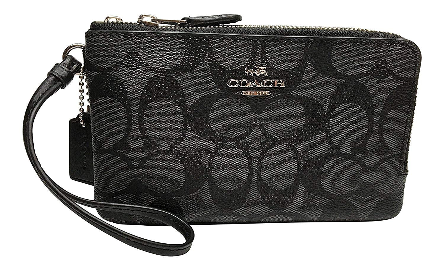 Coach Signature PVC Double Zip Black Smoke Wristlet Wallet F87591