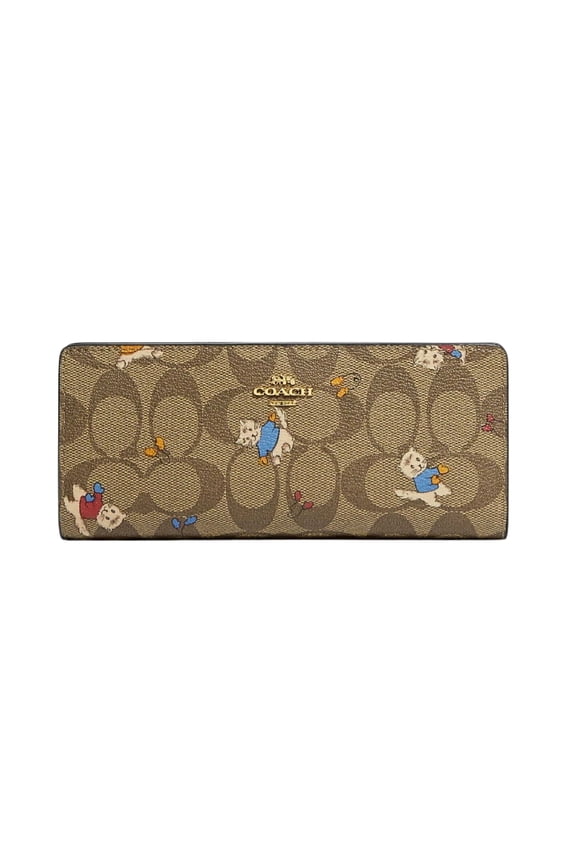Slim Long Bi-Fold Wallet In Signature Leather, Cat Mittens Print, Khaki Multi