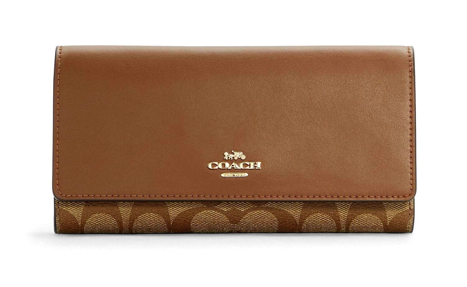 Coach Slim Trifold Wallet in Signature Canvas Khaki Saddle Gold