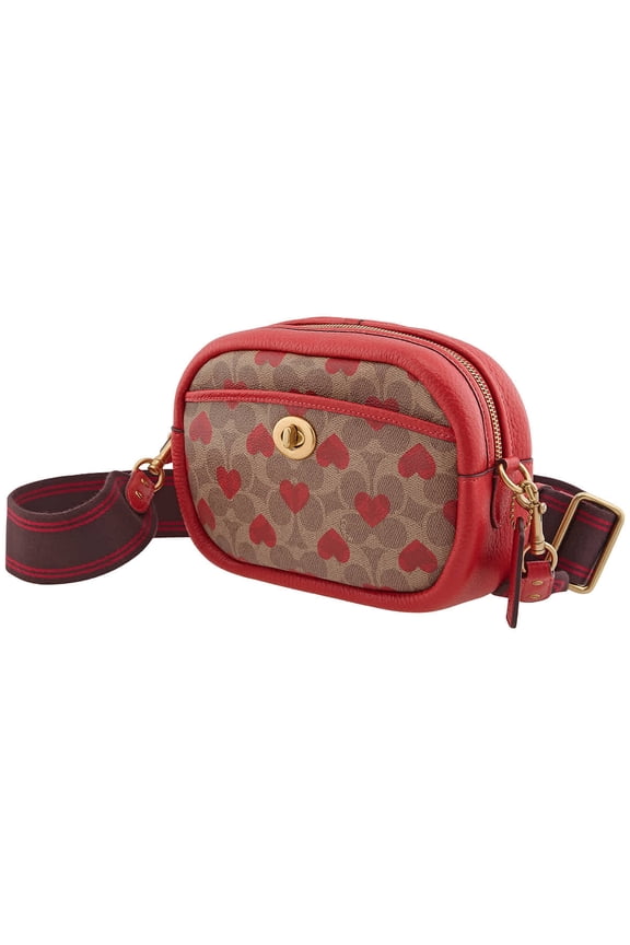Tan Red Apple Camera Bag In Signature Canvas With Heart Print