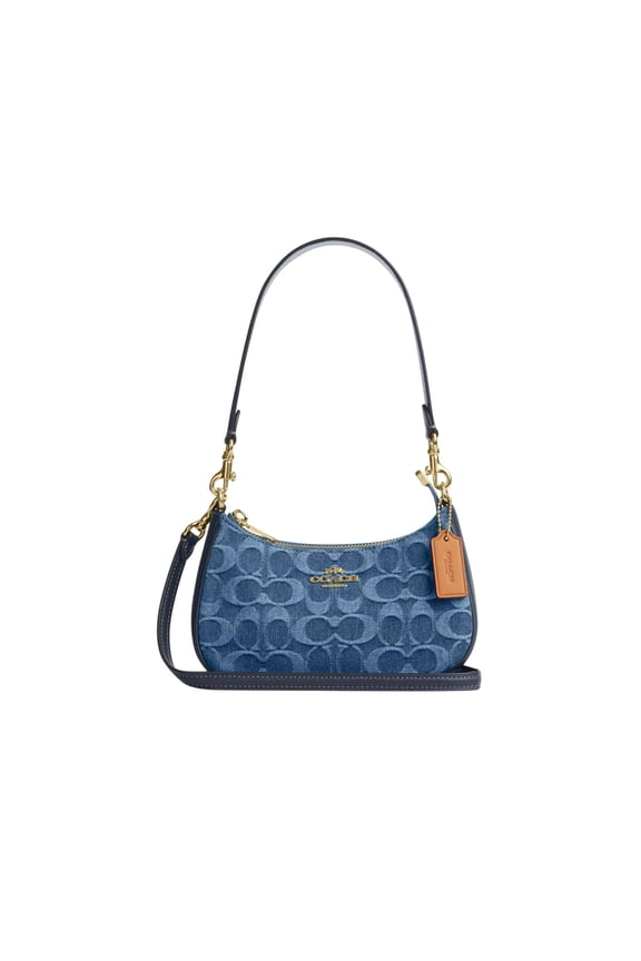 Teri Mini Crossbody Bag in Signature Denim with Zip-Top Closure and Detachable Straps, Denim/Gold/Indigo