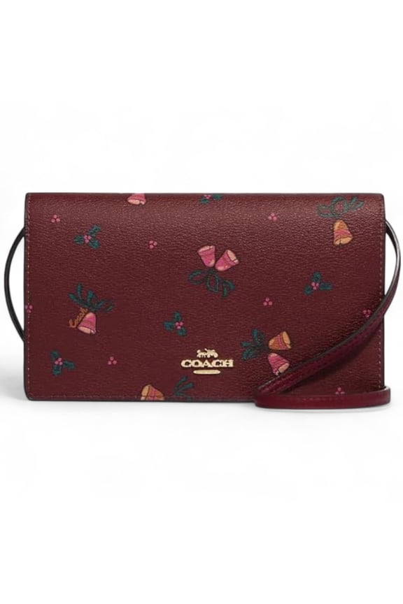 Women's Anna Foldover Clutch Crossbody Bag, Printed Canvas - Holiday Bells Print - Black Cherry