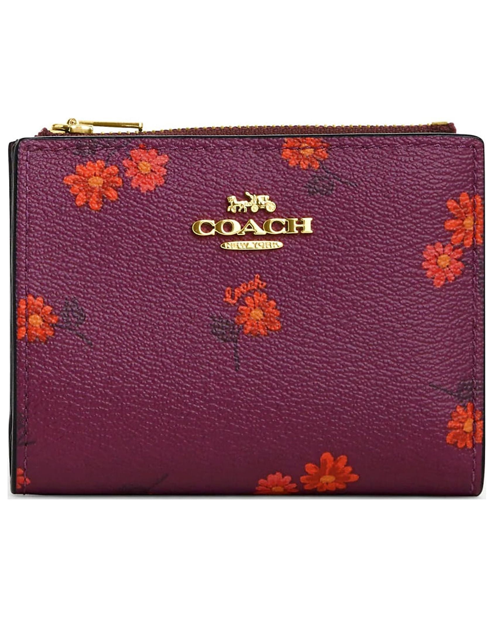 Coach Women s Zip Bifold Wallet Floral Print Canvas Leather Deep Berry Multi Walmart