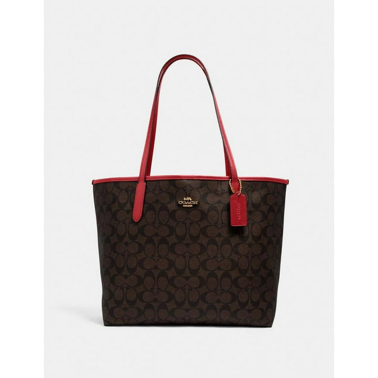 Coach Women s Signature Canvas City Tote Leather Details Zip Pocket Brown Red Walmart