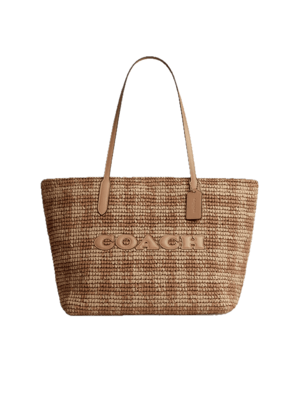 Women's City Tote Straw Bag With Gingham Print