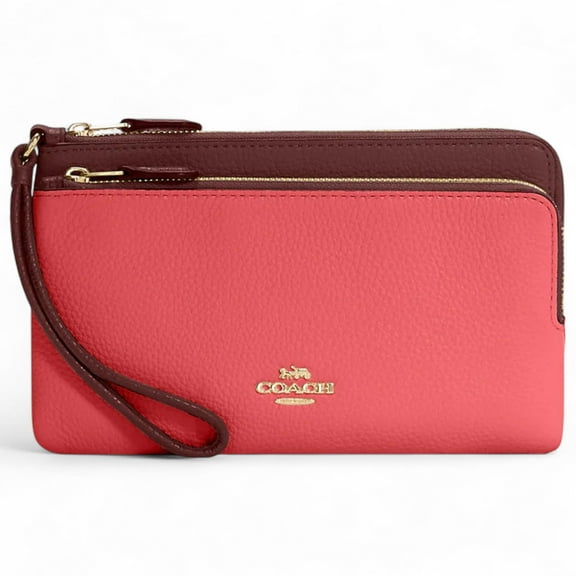 Coach Women's Double Corner Zip Wallet Wristlet - Pebbled Leather, Wine Red/Watermelon