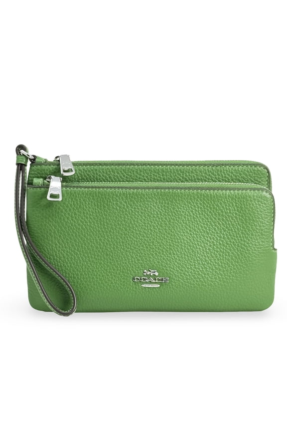 Women's Double Zip Pebbled Leather Wristlet Wallet (Green)