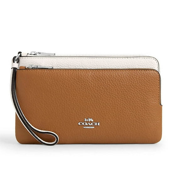 Coach Women's Double Zip Pebbled Leather Wristlet Wallet (Light Saddle Multi)