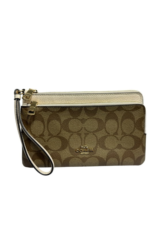 Women's Double Zip Wristlet Wallet in Signature Canvas (IM/Khaki/Chalk)