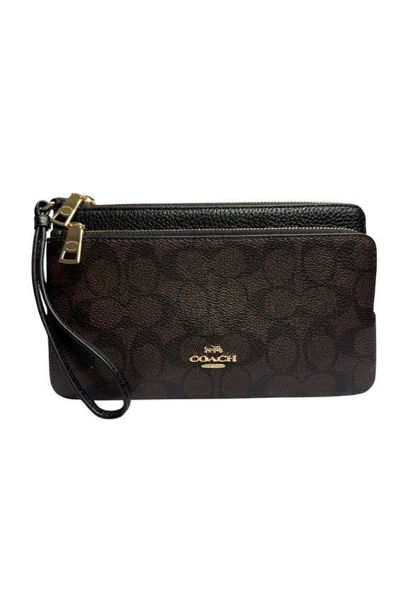 Women's Double Zip Wristlet Wallet in Signature Canvas (IM/Walnut/Black)