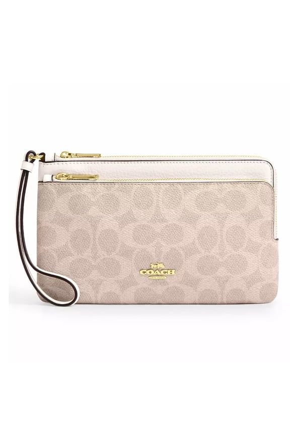 Womens Double Zip Wristlet Wallet in Signature Canvas (Sand / Chalk)