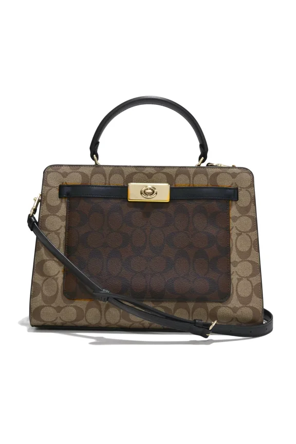 Women's Lane Carryall Purse Blocked Signature Canvas Khaki Brown Multi New