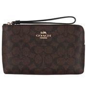 Coach Womens Large Corner Zip Wristlet in Signature Canvas Walnut/ Black