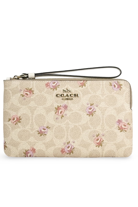 Women's Large Corner Zip Wristlet in Signature Canvas with Floral Print (Sand Multi)