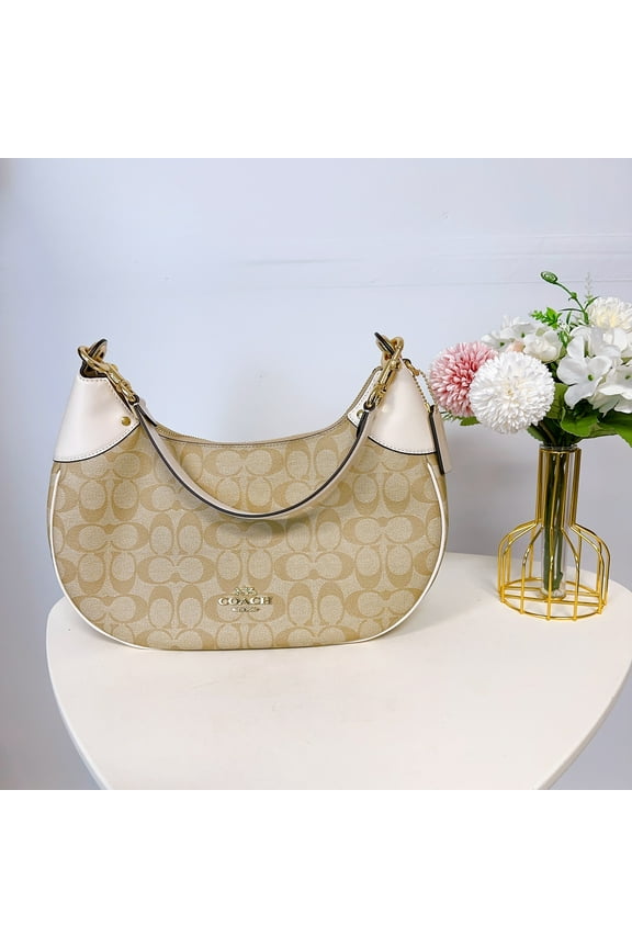 Women's Leather Signature Canvas Hobo Shoulder Bag, Light Khaki Chalk