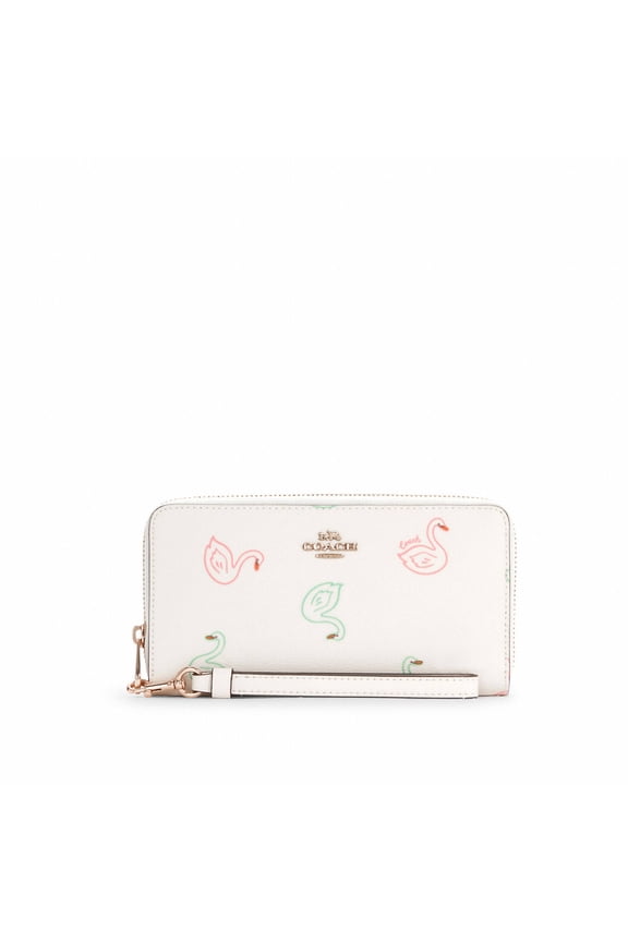 Women's Long Zip Around Wallet (Coated Canvas, Swan Print - Chalk Multi)