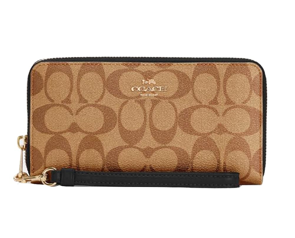 Coach Women s Long Zip Around Wallet In Signature Canvas Khaki Black