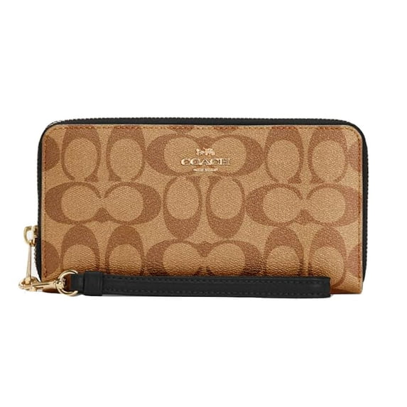 Coach Women's Long Zip Around Wallet In Signature Canvas (Khaki / Black)
