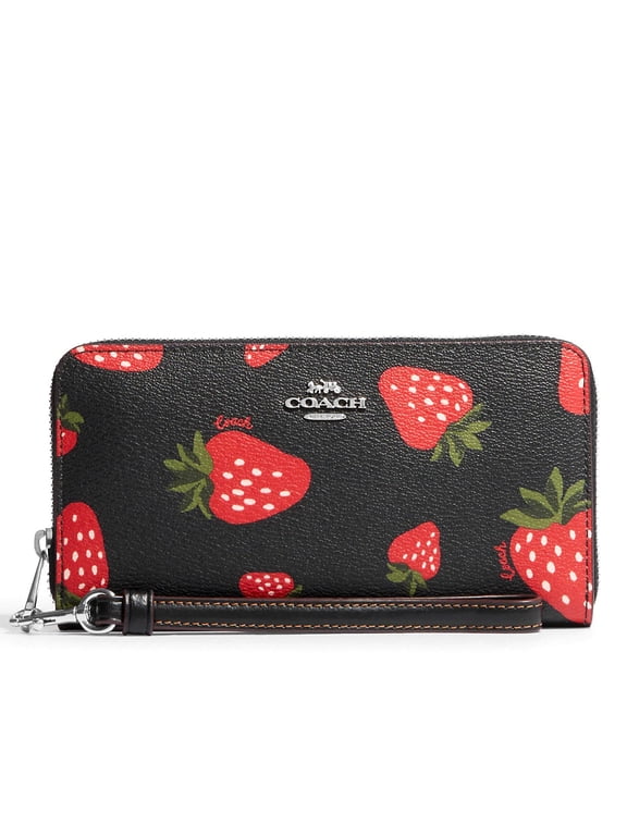 Women's Long Zip Around Wallet With Wild Strawberry Print (Black Multi)