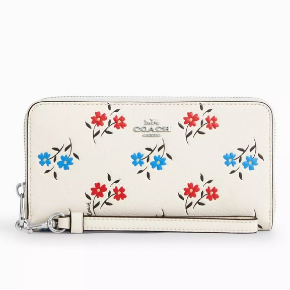 Coach Women's Long Zip Around Wallet with Floral Print in Pebbled Leather (Chalk Multi)