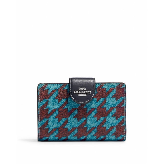 Coach Women's Medium Corner Zip Leather Wallet with Houndstooth Print (Teal / Wine)