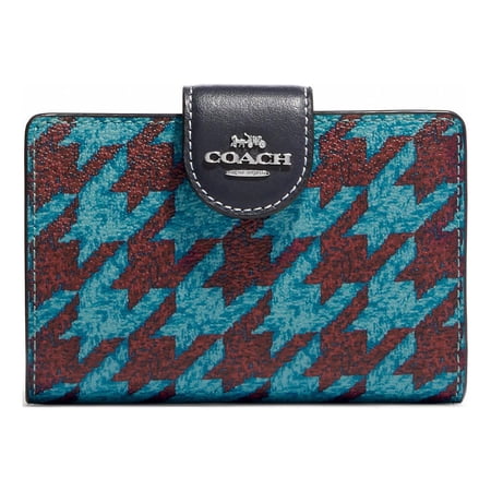 Coach Women's Medium Corner Zip Leather Wallet with Houndstooth Print (Teal / Wine)